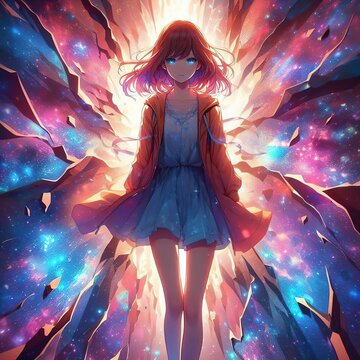 A young woman standing in the middle of a crack in a galaxy, surrounded by colorful cosmic elements and stars
