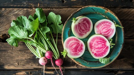 Wall Mural - Wooden background with plate and board featuring mature watermelon radishes
