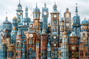 Poster - A city skyline where the buildings are shaped like different types of clocks. Concept of urban time. Generative Ai.