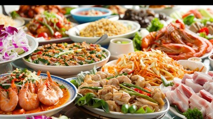 A table full of traditional Thai dishes, with and as the centerpiece.