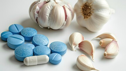 Different medical tablets for treating different illnesses on a plain white backdrop and garlic as a traditional remedy for the common cold