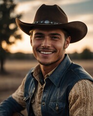 Wall Mural - handsome young guy on cowboy uniform smiling on camera portrait