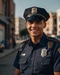 Wall Mural - handsome young guy on police uniform smiling on camera portrait