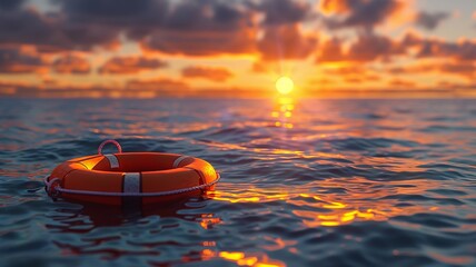 Wall Mural - lifebuoy adrift in red ocean water at sunset