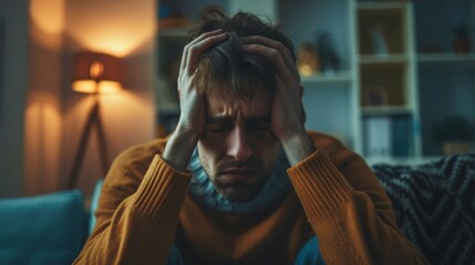 Wall Mural - Depression and mental illness. man disappoint, sad after receive bad news. Stressed boy confused with unhappy problem, arguing with girlfriend, cry and worry about unexpected work, down economy.