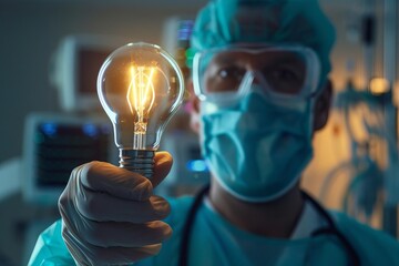 Sticker - symbol of hope doctor holding glowing light bulb in hospital representing potential to recover patients from covid19