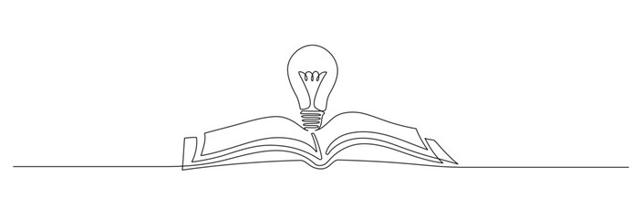 Aufkleber - One continuous line drawing of light bulb above book. Knowledge and creative idea symbol in simple linear style. Reading and writing concept in editable stroke. Doodle outline vector illustration