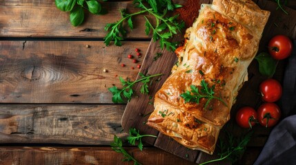 Wall Mural - Tasty chicken and vegetable strudel presented on a wooden table from above