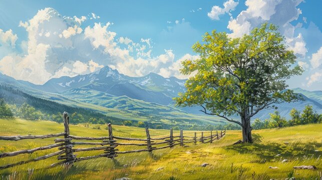 Summer sky provides backdrop for tree and fence in mountain scenery