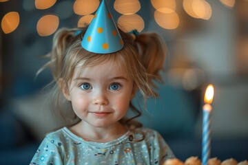 Wall Mural - Little girl wearing a party hat looking at a lit birthday candle on her cake