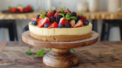 Wall Mural - Fruit topped cheesecake with white chocolate on a wooden cakestand