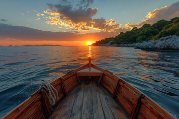 A wooden rowboat floats towards the sunset, with the sea mirroring the sky's orange hues and reflecting the sun's path