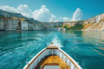Wall Mural - A serene image capturing the bow of a boat heading towards majestic white cliffs under a clear blue sky