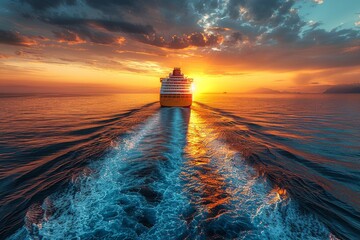 Wall Mural - A majestic cruise ship sails towards the horizon as the sun sets, casting a golden glow on the sea