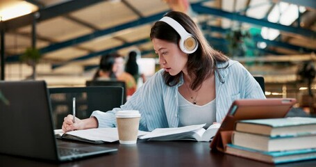 Poster - Girl, headphones and student writing at college, study and research for assignment or essay. Woman, learning and streaming podcast lecture at academy, planning and notes for knowledge at university
