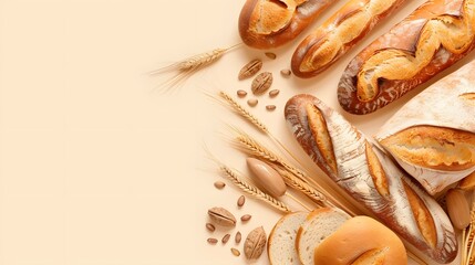 Wall Mural - Different bakery products on brown background