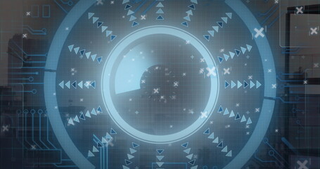 Poster - Image of round scanner and microprocessor connections against aerial view of cityscape