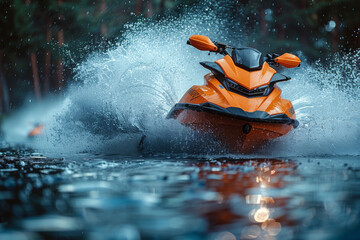 A dynamic image showcasing an orange jet ski in action, surrounded by vivid water splashes in a lake setting