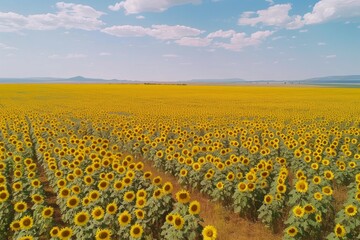 Wall Mural - Aerial view of a sunflower field with a flock of birds taking flight, creating a dynamic contrast against the yellow blooms