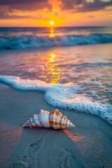 Wall Mural - Close-up of a seashell resting on the sand, with gentle waves lapping in the background and a vibrant sunset on the horizon