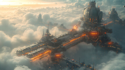 Poster - Hyper Realistic Sci-Fi Scene: Massive Space Station in Dark Clouds