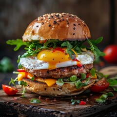 Wall Mural - savory breakfast burger with fried egg appetizing wideformat food photography