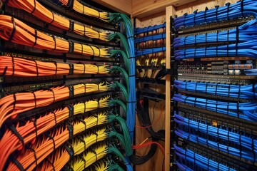 network rack wiring diagram in blueprint style, color-coded cables, patch panel layouts, meticulous 