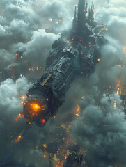 Wall Mural - Hyper Realistic Sci-Fi Scene: Space Station and City in Dark Clouds