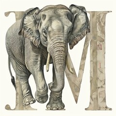 Wall Mural - Alphabet Art Letter M with a Elephant Portrait