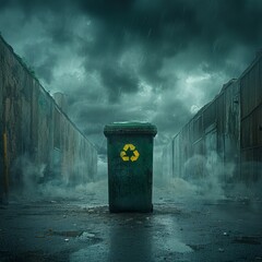 A lone green recycle bin sits in a dark alleyway amid rain. The wet ground contrasts the gray background, highlighting the isolated bins importance for environmental sustainability.