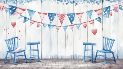 Watercolor, realistic airbrushed illustration of an American patriotic party backdrop with decorations and bunting, blue chairs, white wood wall background, Independence Day