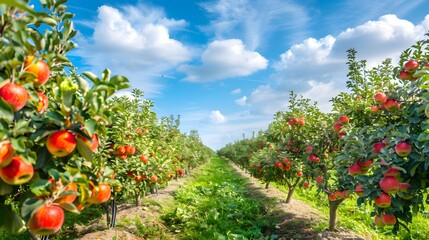 Two rows of apple trees full of fruit seen under a blue sky in Norfolk nearly ready for picking.