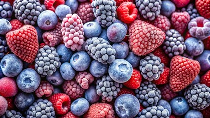 Wall Mural - Closeup shot of mixed frozen berries including blueberries and raspberries, a top view of natural organic vegan raw food ingredient