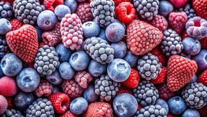 Closeup shot of mixed frozen berries including blueberries and raspberries, a top view of natural organic vegan raw food ingredient