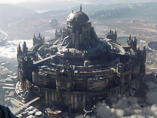 Wall Mural - Cinematic Aerial View of Futuristic Castle