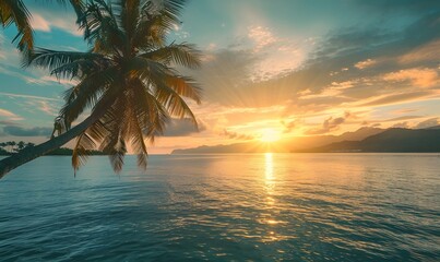 Wall Mural - experience a tropical paradise with swaying palm tree and glistening turquoise water and golden sun rays, Generative AI
