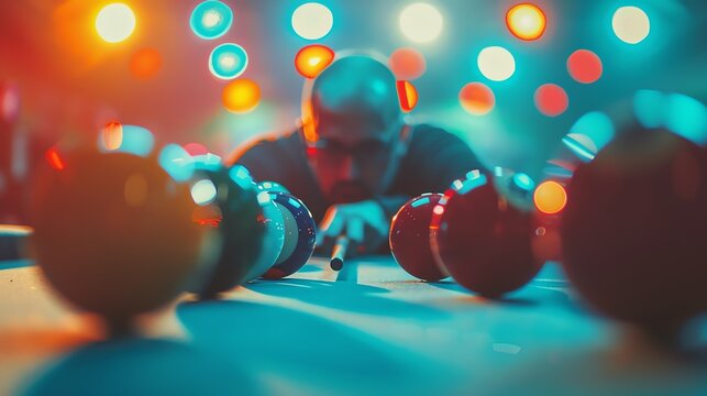 Close-up of a pool game in progress with vibrant colorful lighting, focusing on a player aiming a shot on the table.