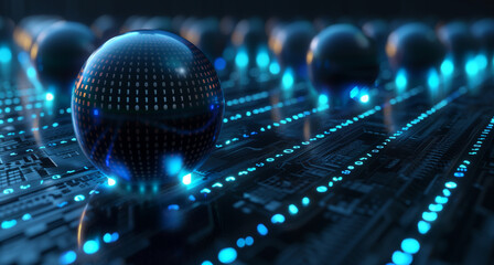 Poster - futuristic technology background with glowing binary codes on black spheres, cyber tech wallpaper