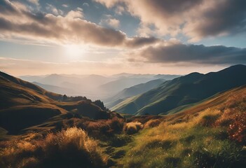Wall Mural - AI-generated illustration of a Bright sun shining on the horizon over grassy fields and mountains