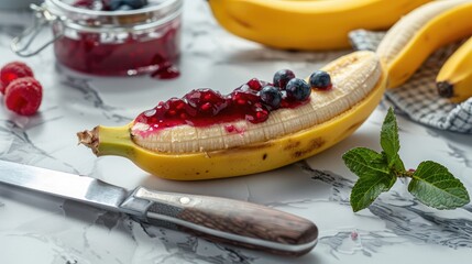 Wall Mural - Banana sliced by a knife and topped with berry jam on a marble table