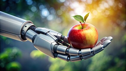 Futuristic robot hand holding a fresh apple, blending technology with nature