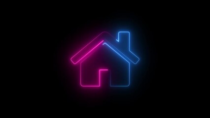 Glowing neon line Map pointer with house icon isolated on black background. Home location marker symbol.
