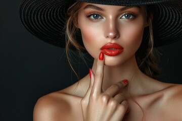 Wall Mural - Beautiful elegant woman wearing red lipstick and a black hat.