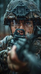 A close-up of a determined soldier in full combat gear and camouflage pointing a gun towards the camera amidst heavy rain and muddy terrain