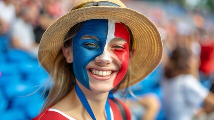 Wall Mural - Beautiful woman wearing makeup in the color of the french flag.