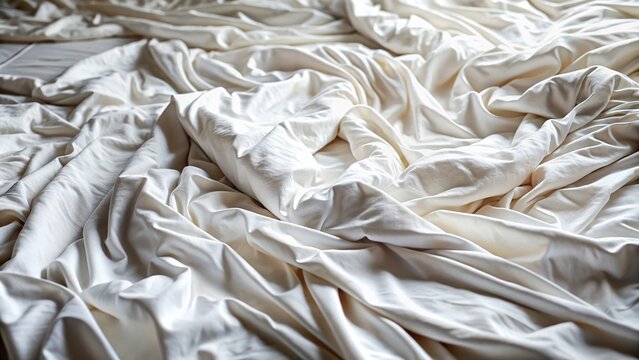 Close up of white wrinkled fabric texture on unmade bed sheet in bedroom after night sleep