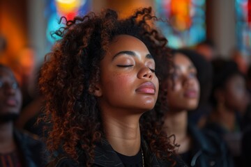 African american woman praise God in church.