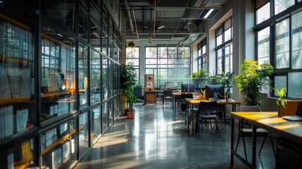 Wall Mural - A spacious, modern office space bathed in natural sunlight with large windows, numerous desks, and green plants creating an inviting work environment