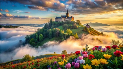 Hilltop castle surrounded by flowers with foggy sky and clouds