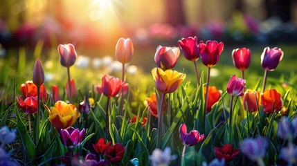 Sticker - Blooming flowers and grass in the vibrant sunlight of the spring and summer seasons in a colorful garden landscape